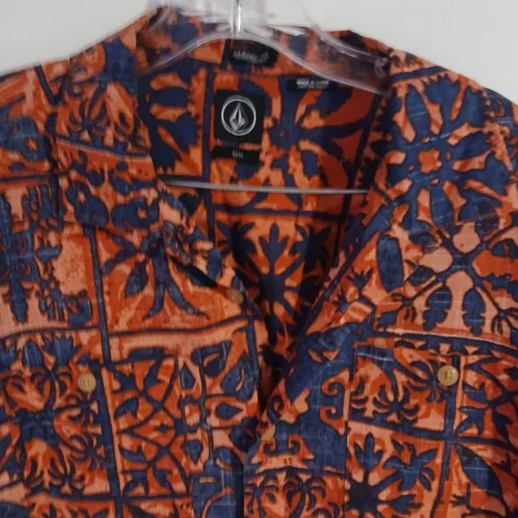 Volcom Men's Short Sleeve Button Up Orange Blue SZ M EUC - Picture 5 of 8